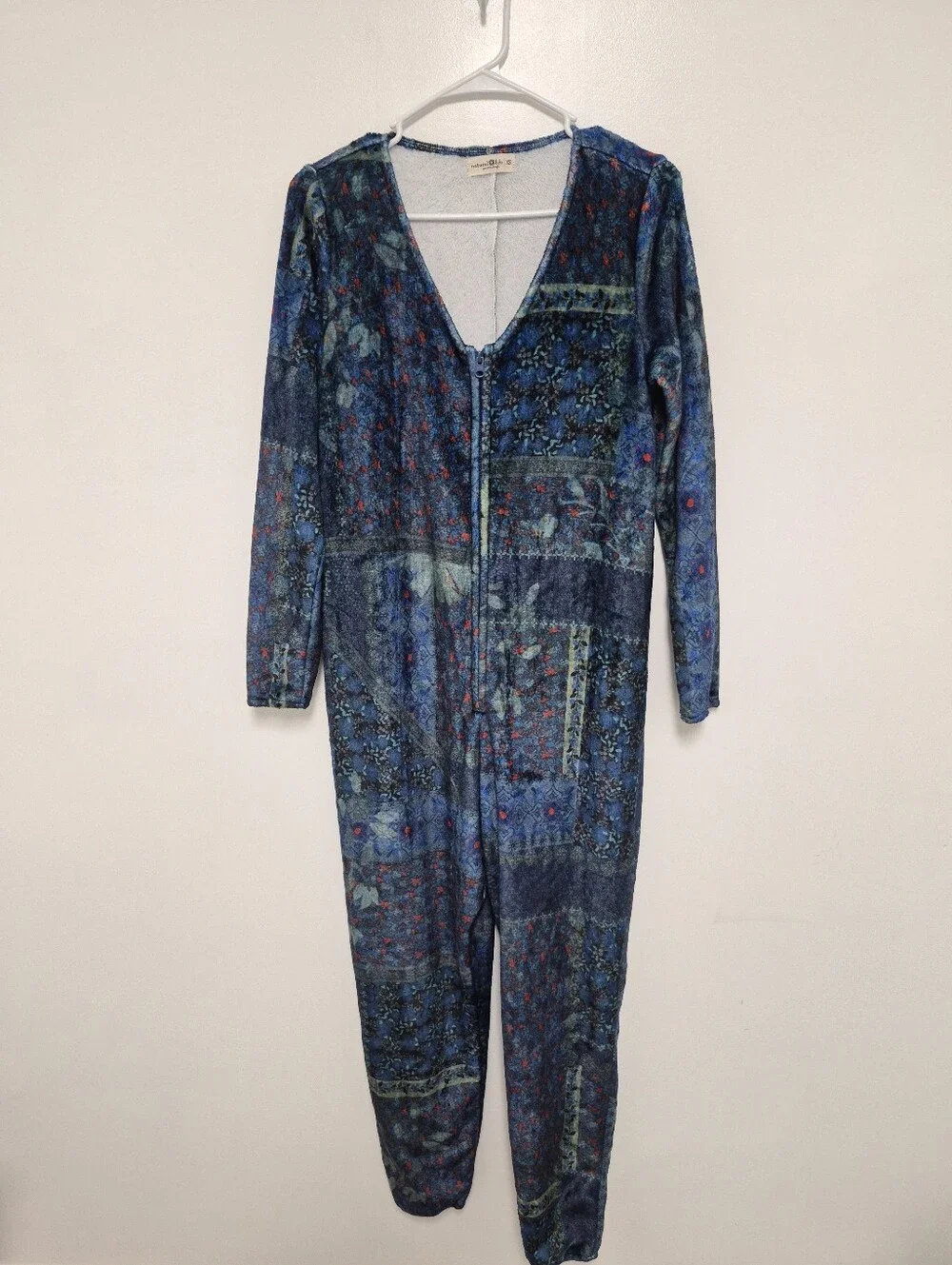 Natural Life Fuzzy Cozy Fleece Leaf Patchwork Onesie Jumpsuit sz XS
